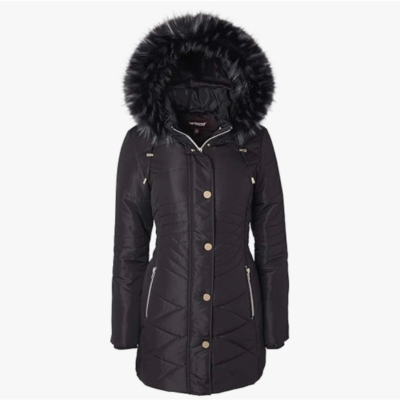 Women Longer Length Plush Lined Quilted Winter Puffer Coat Zip-Off Fur Trim Hood - Picture 1 of 12